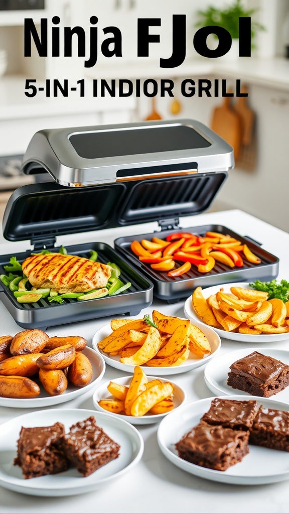 Versatile Ninja Foodi 5-in-1 Indoor Grill Recipes A variety of delicious meals including grilled chicken, air-fried vegetables, roasted potatoes, and baked brownies from the Ninja Foodi.